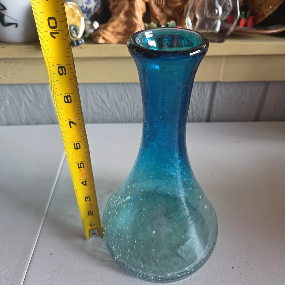 Vintage Hand Blown Crackle Art Glass Aqua Blue Rim Decanter Carafe Vase Mexico